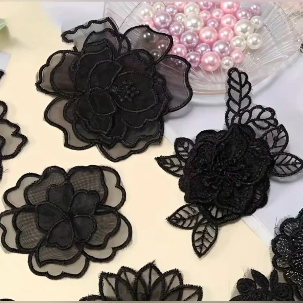 Black Embroidered Sew-On Floral Appliqué, Craft & Clothing Embellishment, New